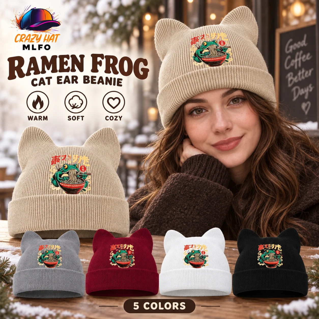Lovely Charming Cat Ear Beanie, Retro Frog Ramen Print, Suitable for City Stroll & Theme Gathering