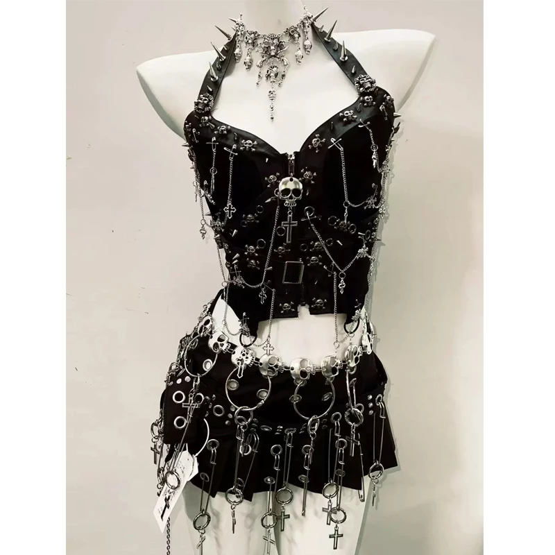 Moda vintage gotico rivetti catena teschio canotte gonne corte Harajuku Y2k bustier top moto nero senza maniche vestiti