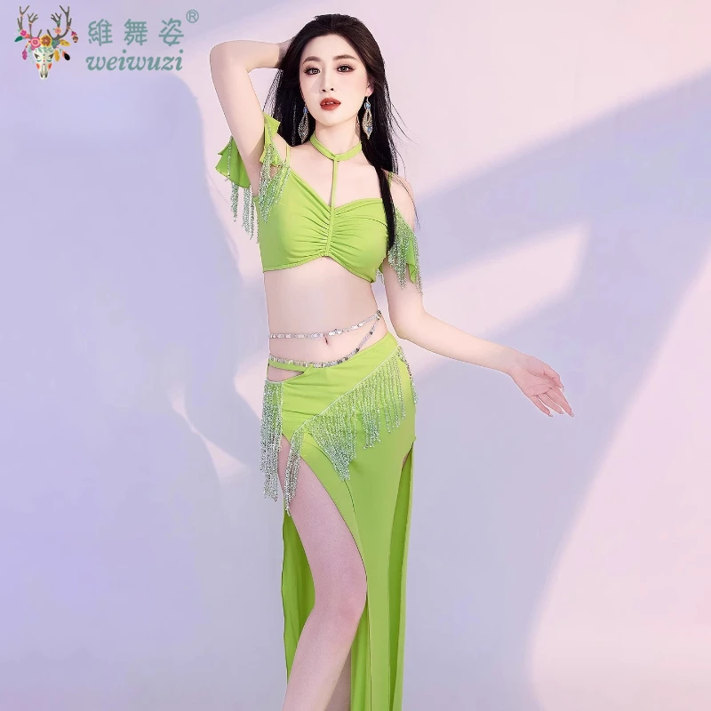 Conjunto de dança do ventre com borla, saia longa cravejada de diamantes, roupa de performance de dança oriental, roupa de competição feminina
