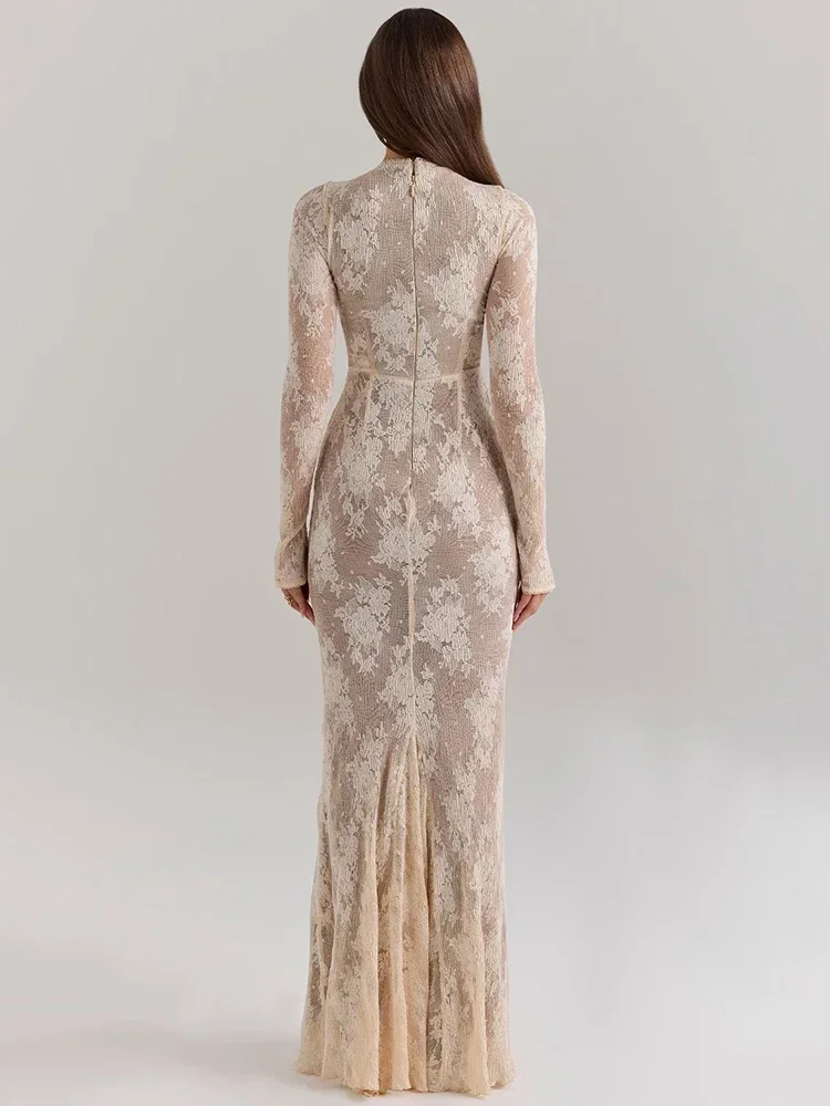 فستان ماكسي مثير بأكمام طويلة مطبوع عليه دانتيل للنساء بسحاب أبيض نصف ياقة عالية فستان طويل أنيق
