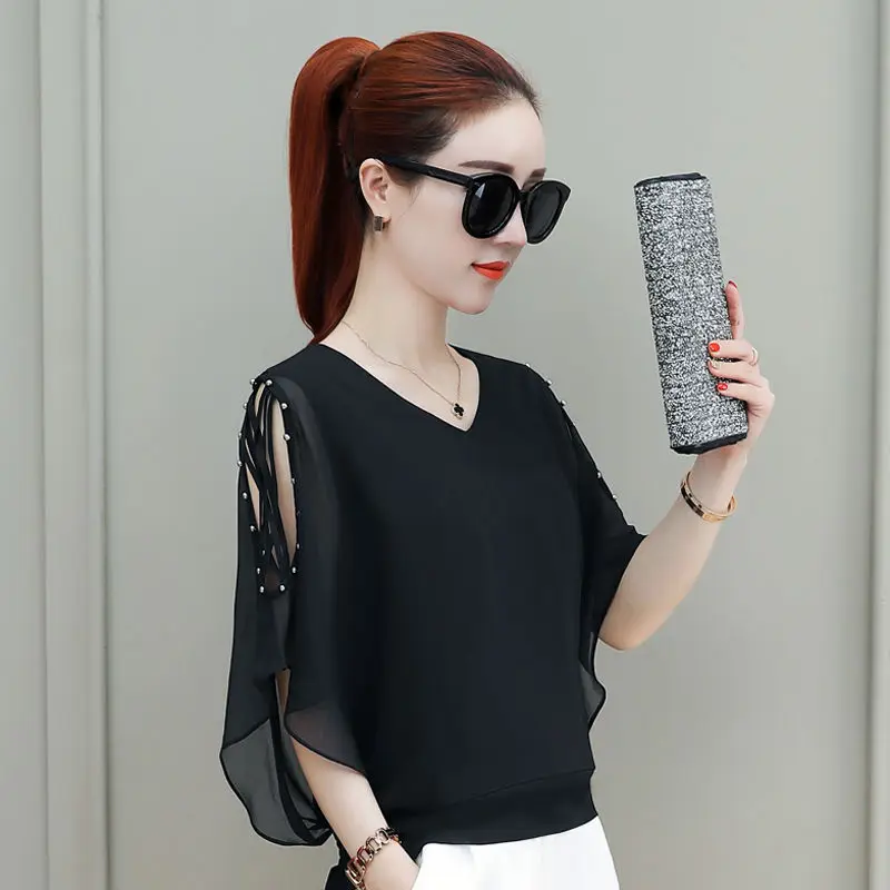 Women Summer Fashion Loose Diamonds Solid Color V-neck Short Sleeve Chiffon Shirts Ladies Trend All-match Appear Thin Top Tee