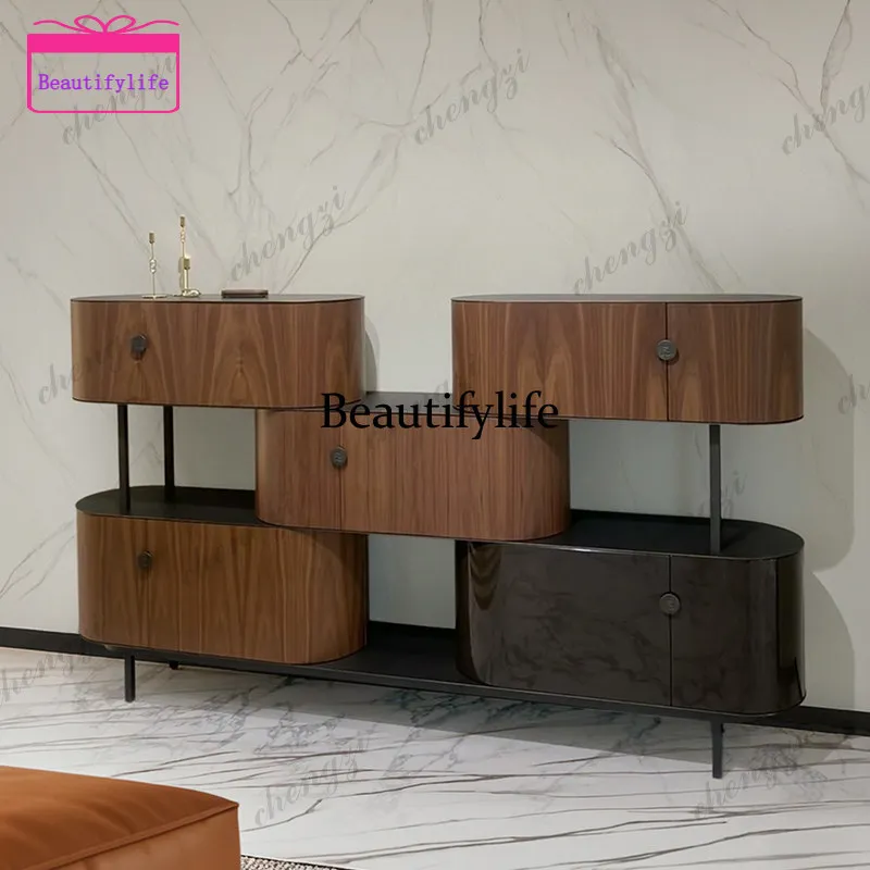 A55 Italian light luxury solid wood dining side cabinet, minimalist walnut color partition cabinet, entrance hall entrance cabin