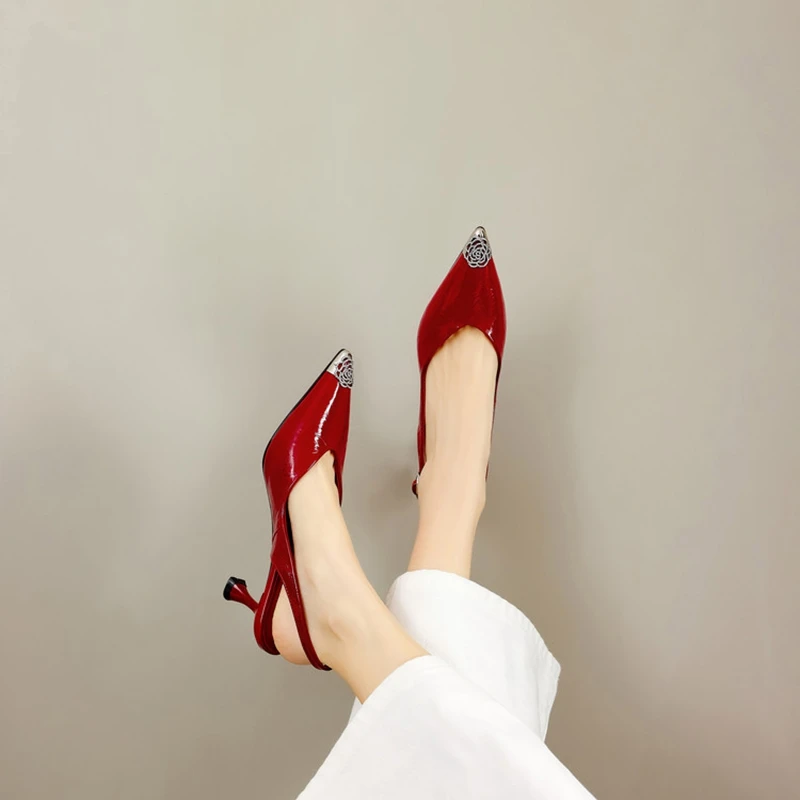 NEW Summer Women Sandals Genuine Leather Shoes for Women Pointed Toe Thin Heel Shoes Cover Toe Slingback Shoes Modern Sandals