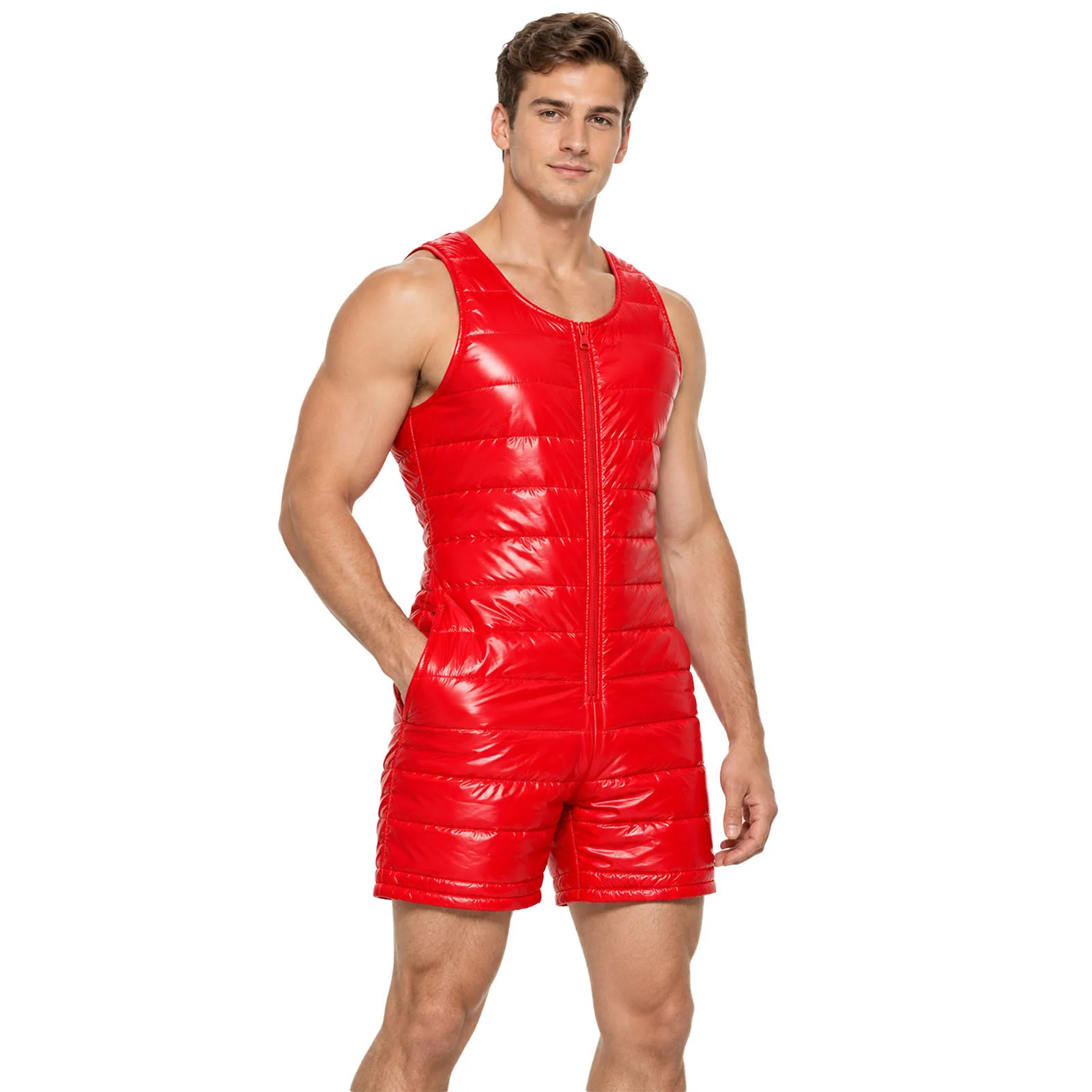 Mens Waterproof Quilted Padded Bodysuit Sleeveless U Neck Zipper Front Thigh Length Jumpsuit with Pocket for Club Outdoor Sports