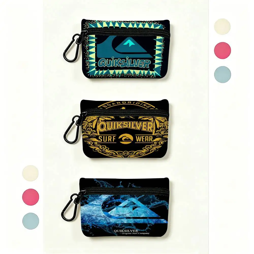 Q-QuiksilverS PU Leather Portable Mini Oxford Cloth Coin Purse With Carabiner Hook Zipper Key Card Earphone Storage Wallet