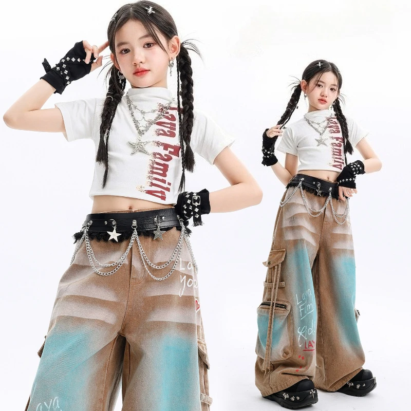 

Hip Hop Street Dance Costume for Girls White T Shirt Baggy Pants Jazz Performance Clothes New Kpop Outfit Jazz Drum Stage Wear