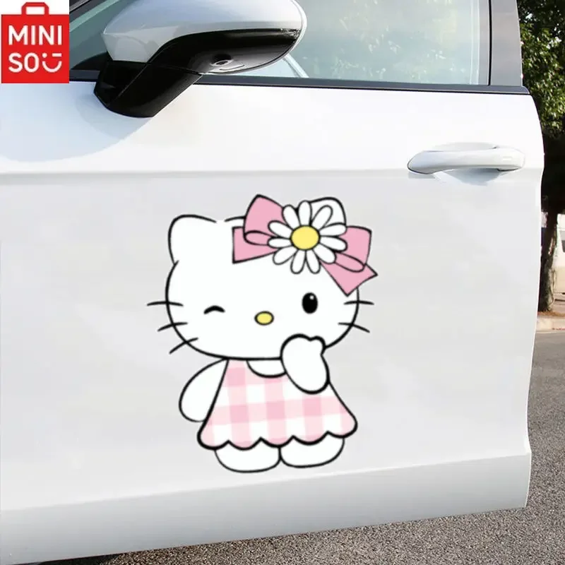 HelloKitty Car Cute Stickers Cartoon Cat Plaid Skirt Stickers Ladies Car Scratch Cover Decorative Stickers