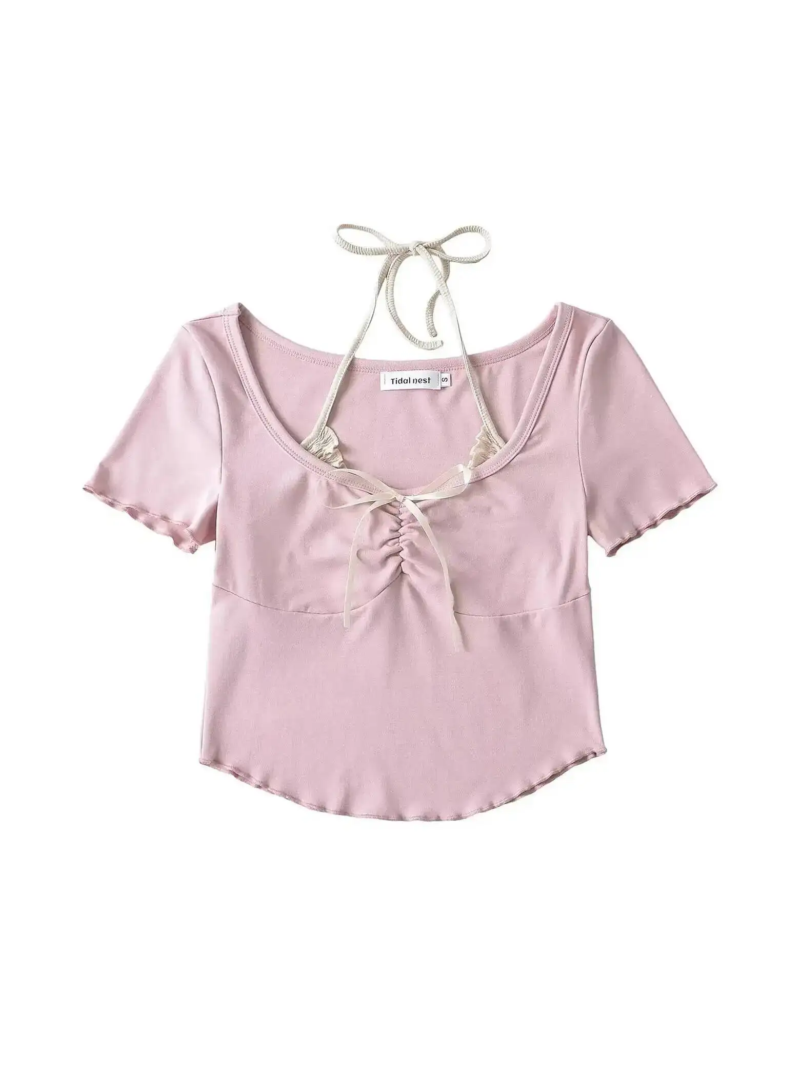 الحليب الحلوى الحلو وهمية اثنين الرغبة النقية نمط قصيرة الأكمام تصميم تحسس قصيرة الرقبة معلقة المرأة التي شيرت تيز موضة 41D7 #5