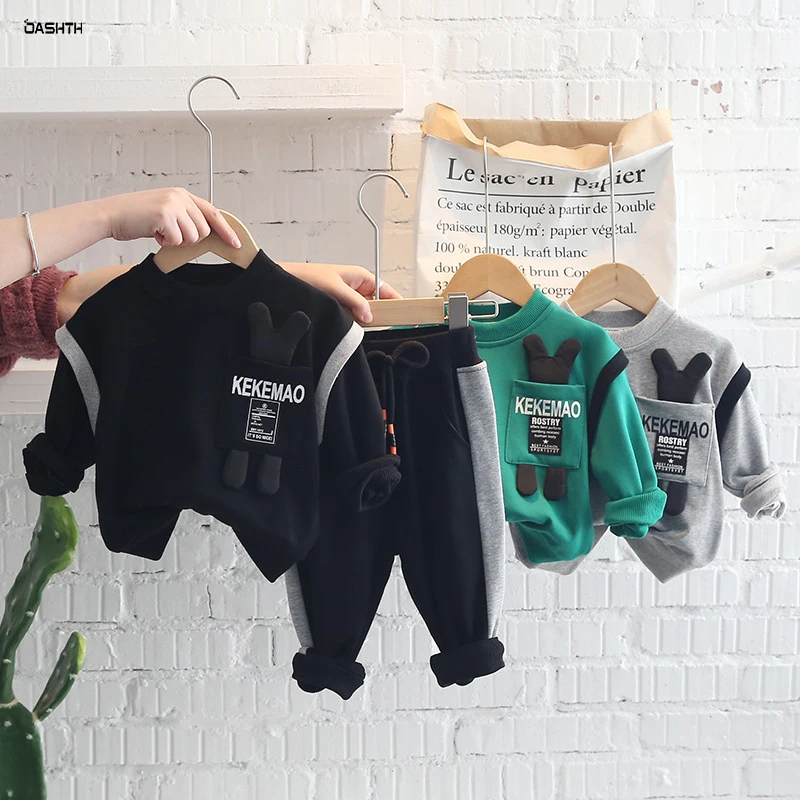 

OASHTH Baby suit spring and autumn new boy cartoon casual sweater two-piece set children's clothing