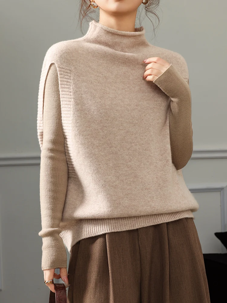 

New f-High Collar Wool Knitted Vest Women Overhead Cuffed Layering Camere Sweater Outer Loose Top Wool 00% Long Sve