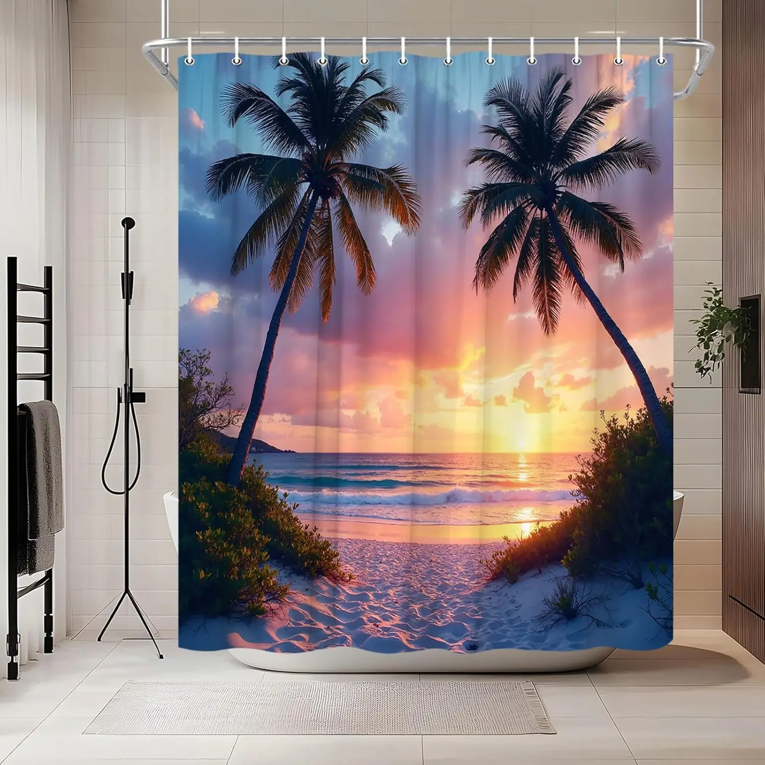 Beach Sunrise Shower Curtain Ocean Coastal Palm Tree Sunset Tropical Hawaiian Orange Sky Seascape Seaside Seacoast Island Nature
