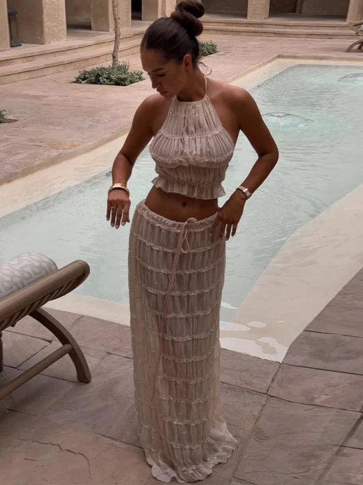 

Sexy Slim Fit Bal Strap Vest Pleated Midi Skirt Long Dr Two Piece Set Summer Beach Vaion Sle Women's Faion Ens...