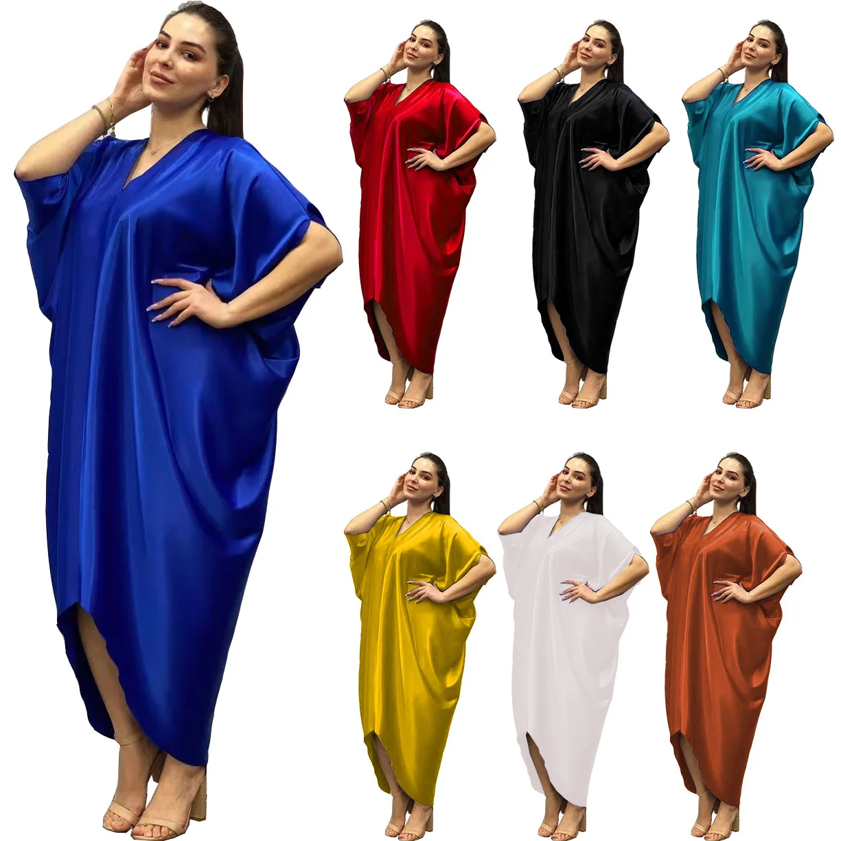 

Summer Deep V Neck Kaftan Women Casual Irregular Hem Solid Color Dresses 2024 Fashion European and American Style Loose Dress