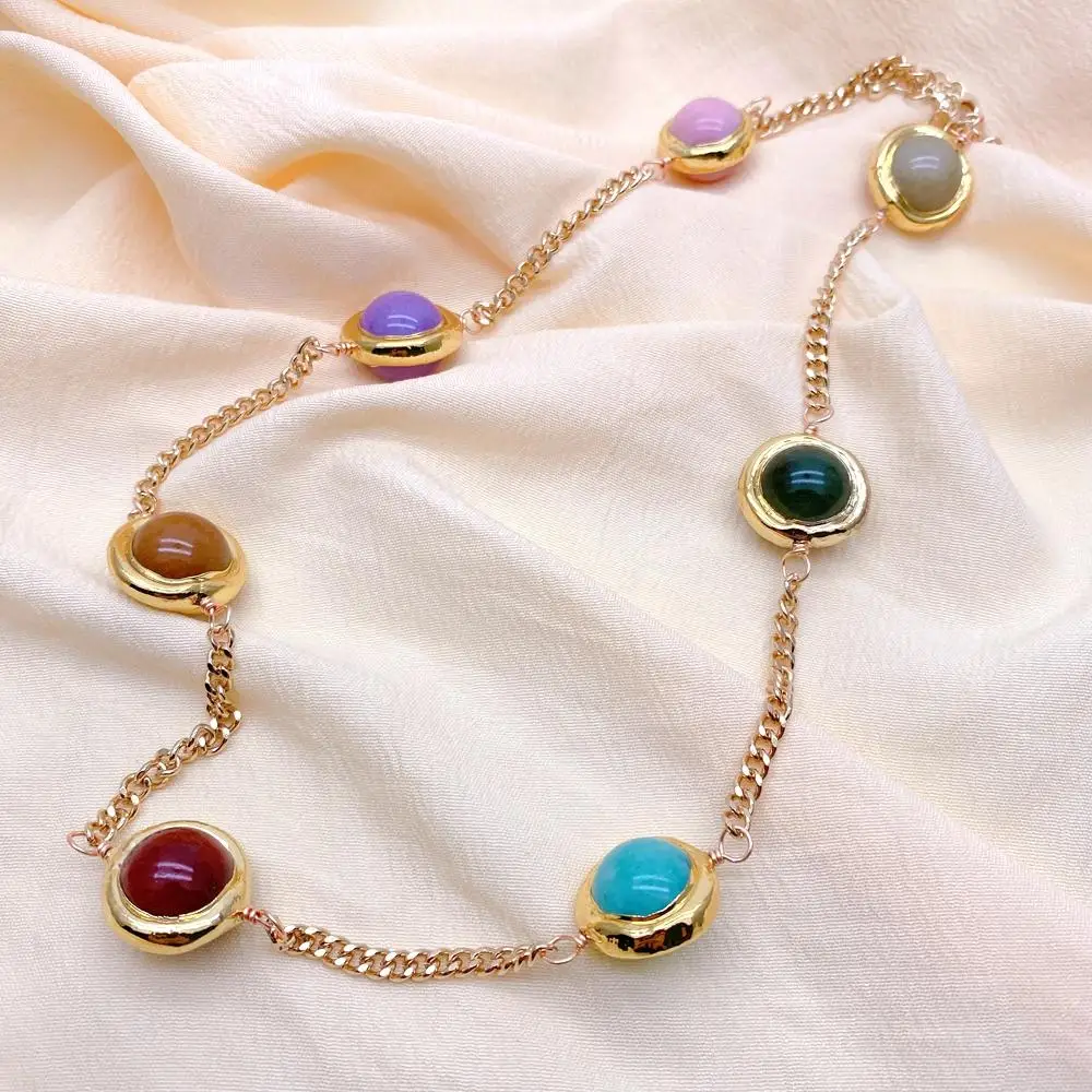 

YYGEM 18mm Multi Color Jade Gold Plated Chain Station Necklace Women Jewelry Gift