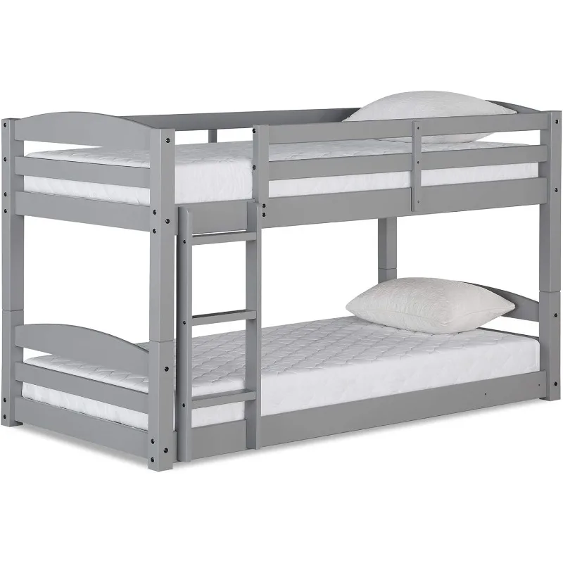 

Convertible Low Wood Floor Bunk Bed, Solid Wood, with Ladder, High Guardrail, Wood Slats, No Boxspring Required, Gray