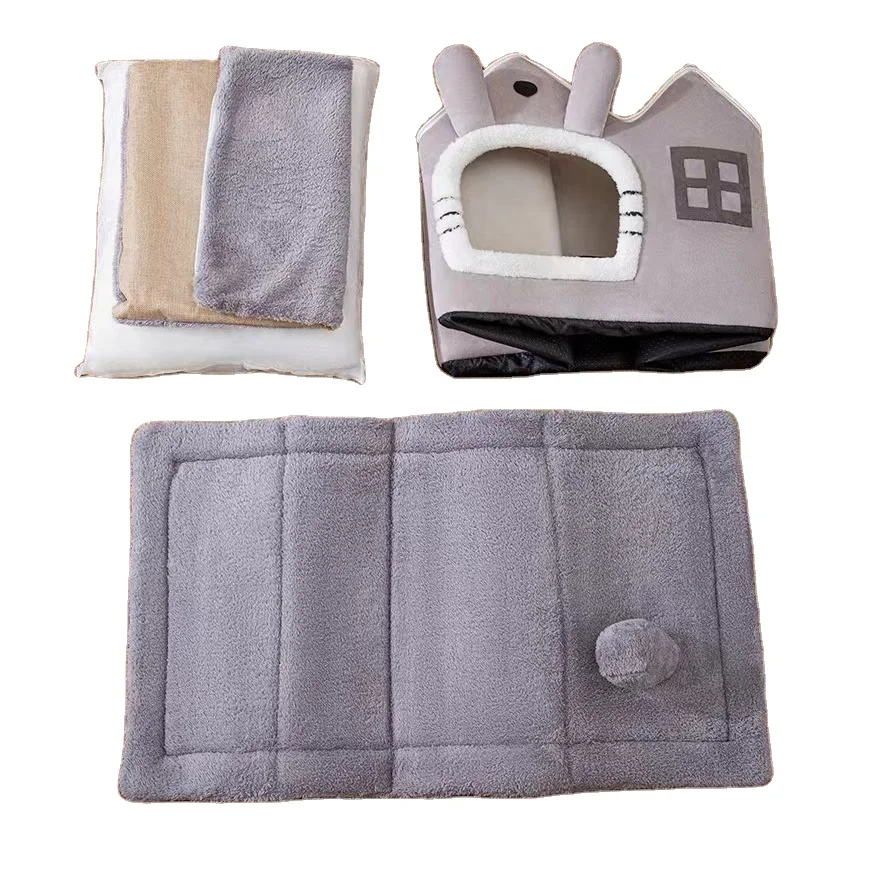 Washable Foldable Antibacterial Winter Warm Pet Home Nest Stuffed Mat HousevRemovable Plush Cushion Foldable Soft Kennel Tent