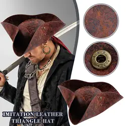 Chapéu de couro triangular para adulto, marrom de couro falso chapéu do pirata, acessórios cosplay traje pirata, roupas extravagantes