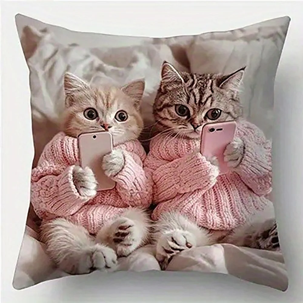 2D Flat Cute Cat Couple Playing Phone Throw Pillow Covers Pet Sofa Couch Cushion Cases for Bedroom Home Decor No Pillow Core