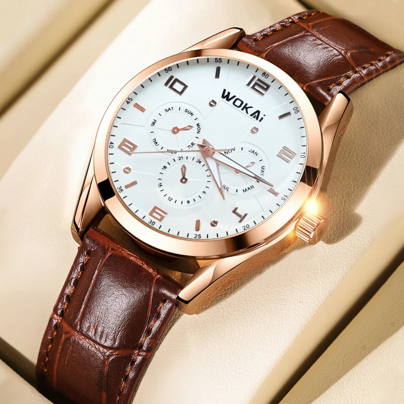 

WOKAI high quality fashion three eye men's leather belt quartz watch men's business sport waterproof clock simple retro