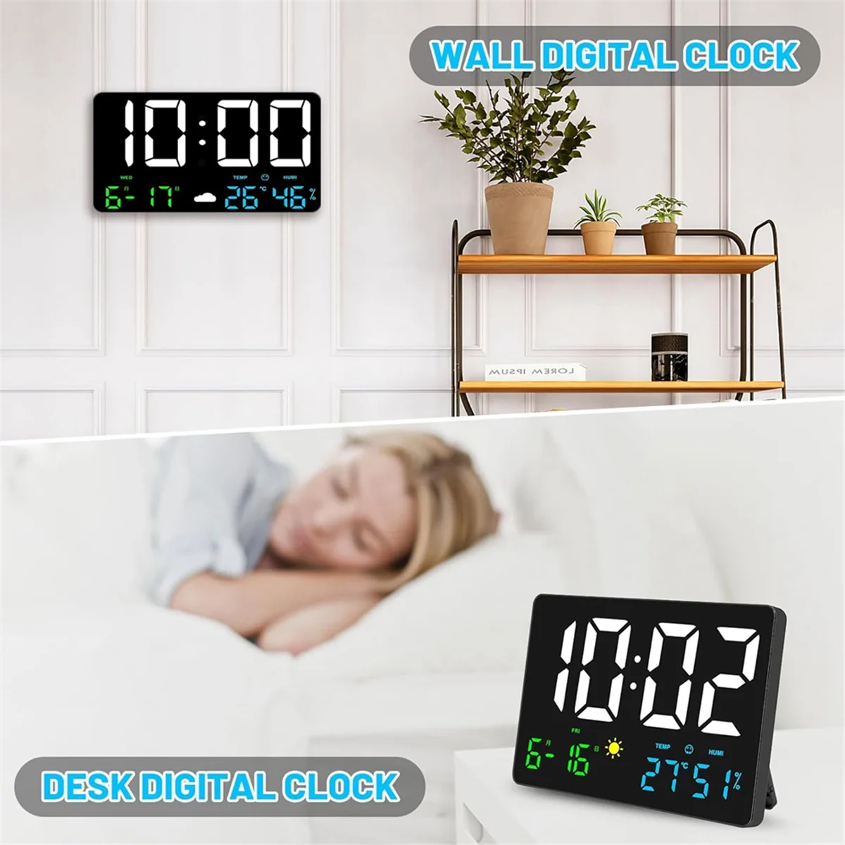 Reloj de pared digital con pantalla grande, relojes de pared digitales LED USB de 25 cm, reloj despertador para dormitorios con estación meteorológica