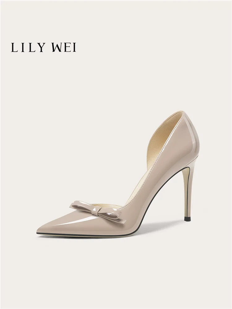 Spring and summer new pointed side empty patent leather bow small size sandals banquet large size widened high heels women shoes