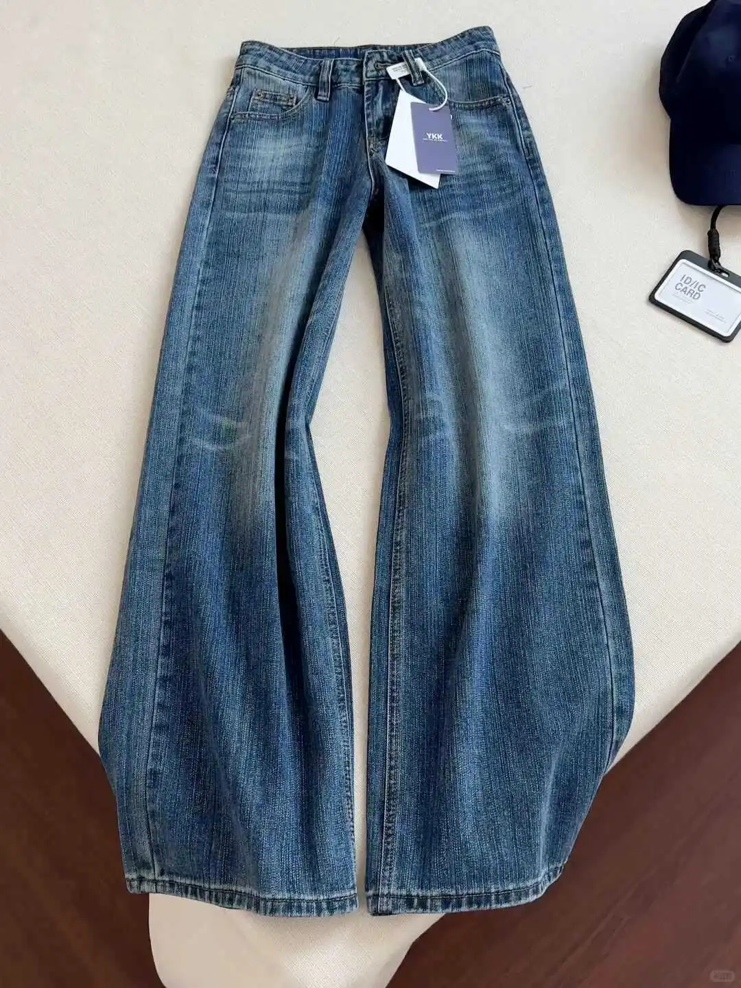 Calças Jeans Azuis Lavadas Estilo Vintage Americano 2026 Outono Moda Casual Estilo Urbano Solto Feminino Cintura Alta Calças Jeans de Perna Larga