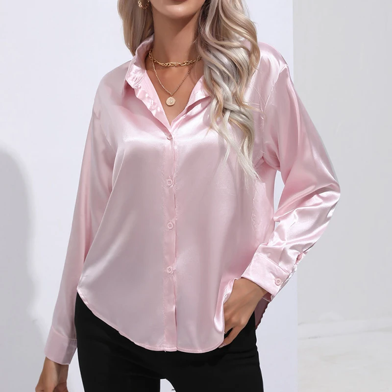 Rimocy Elegant Satin Long Sleeved Shirt Women Chic Office Turn Down Collar Silk Blouse Ladies Solid Color Casual Shirts Woman