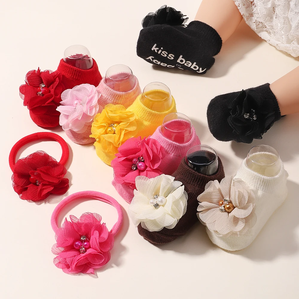 0-1Y Baby Short Socks Hairband Set Nylon Elastic Flower Headband Breathable Soft Sock Baby Fashion Accessoriess