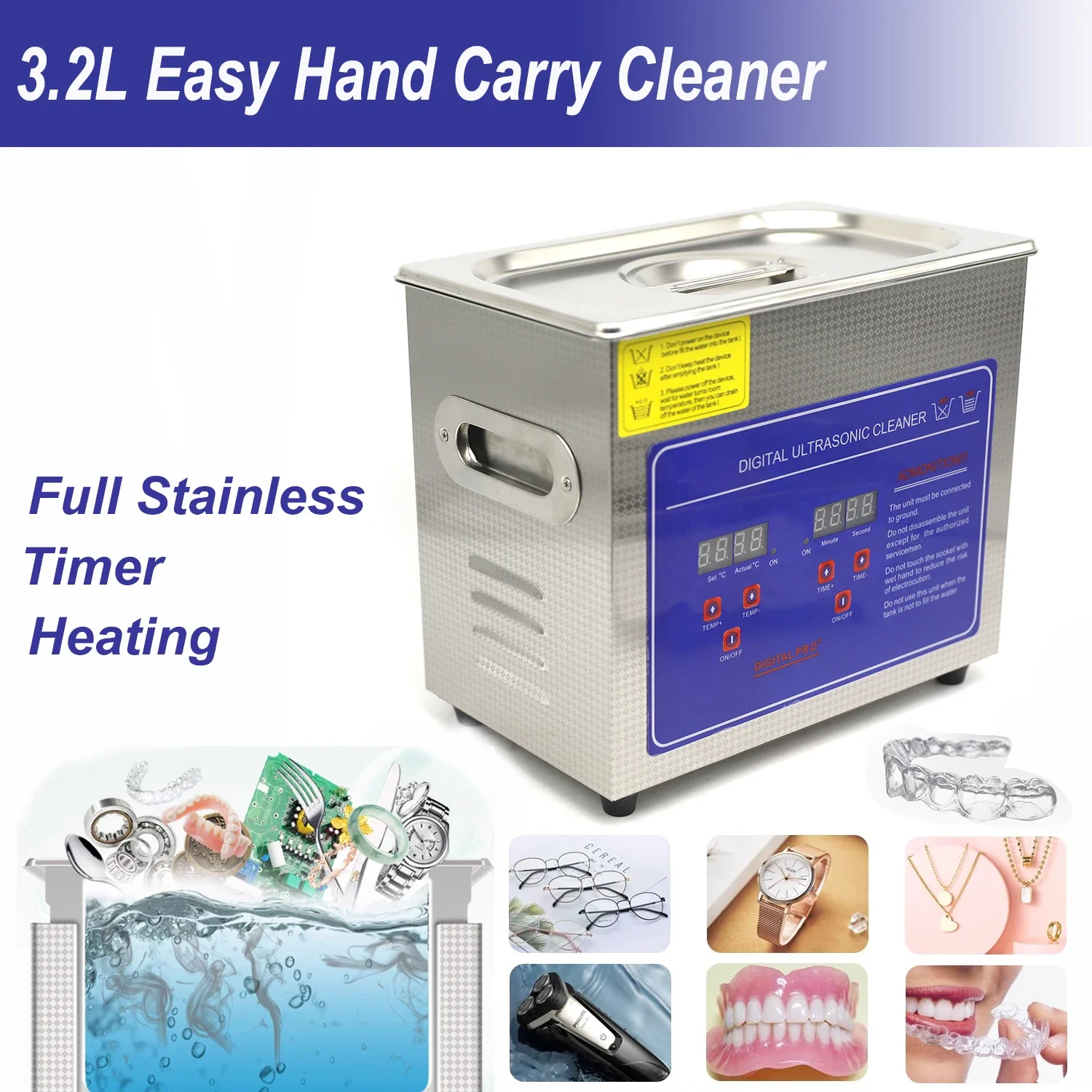 3.2L Ultrasonic Cleaner Jewelry Cleaner Portable Professional Jewelry Cleaner With Stainless Steel Tank For Eyeglasses Watches