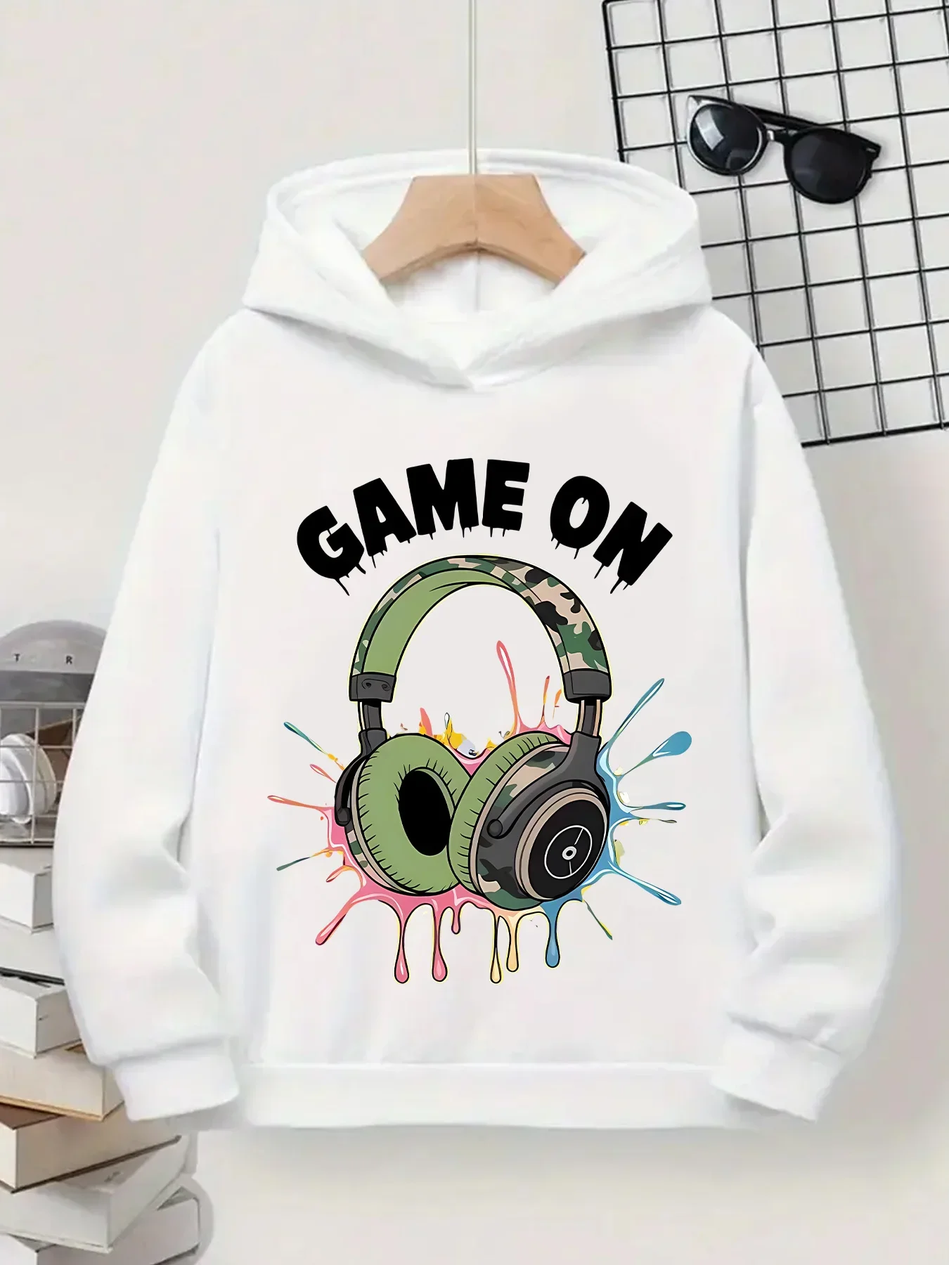 Kids Game On Graphic Hoodie Printed White Gamer Sweatshirt Boys Girls Headphone Casual Loose Hooded Pullover Tops