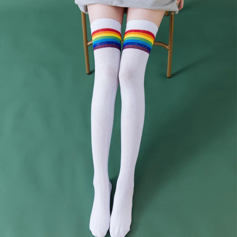 Over Knee Lolita Long Stockings Women Socks Cotton JK High Tube Rainbow Strip Knee High Socks College Calf Lolita Socks Kawaii