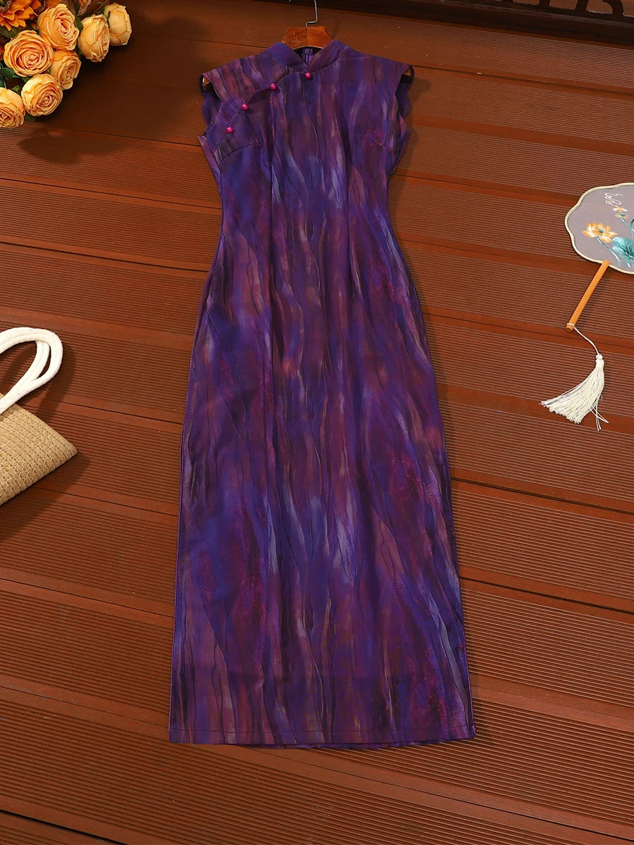 

Фиолетовое ретро-платье Ципао в стиле Цзяннань Фу для повседневной носки, высококачественное, длинное, с цветочным узором, дышащее, тонкое