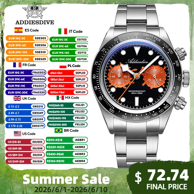 

ADDIESDIVE AD2520 Luxury Mens Quartz Watch VK64 Chronograph Ceramic Bezel Steel Bracelet Luminous Hands Daily Waterproof Watch
