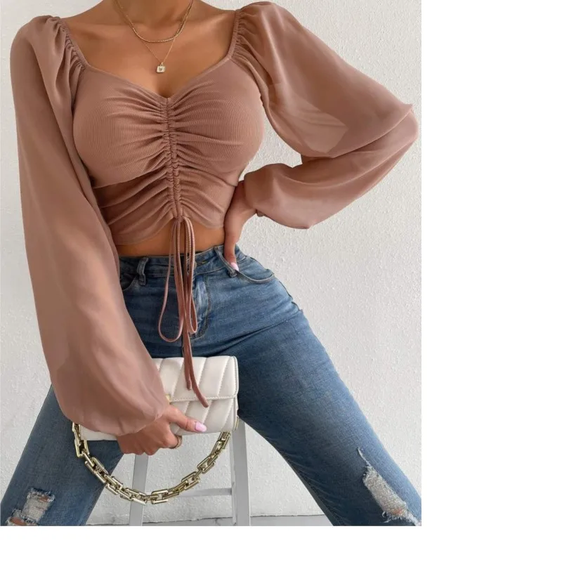 2024 Casual T Shirt For Women Solid Color Shirts & Blouses Chiffon Drawstring Balloon Long Sleeve Tight Fashion Sexy Y2k Tops