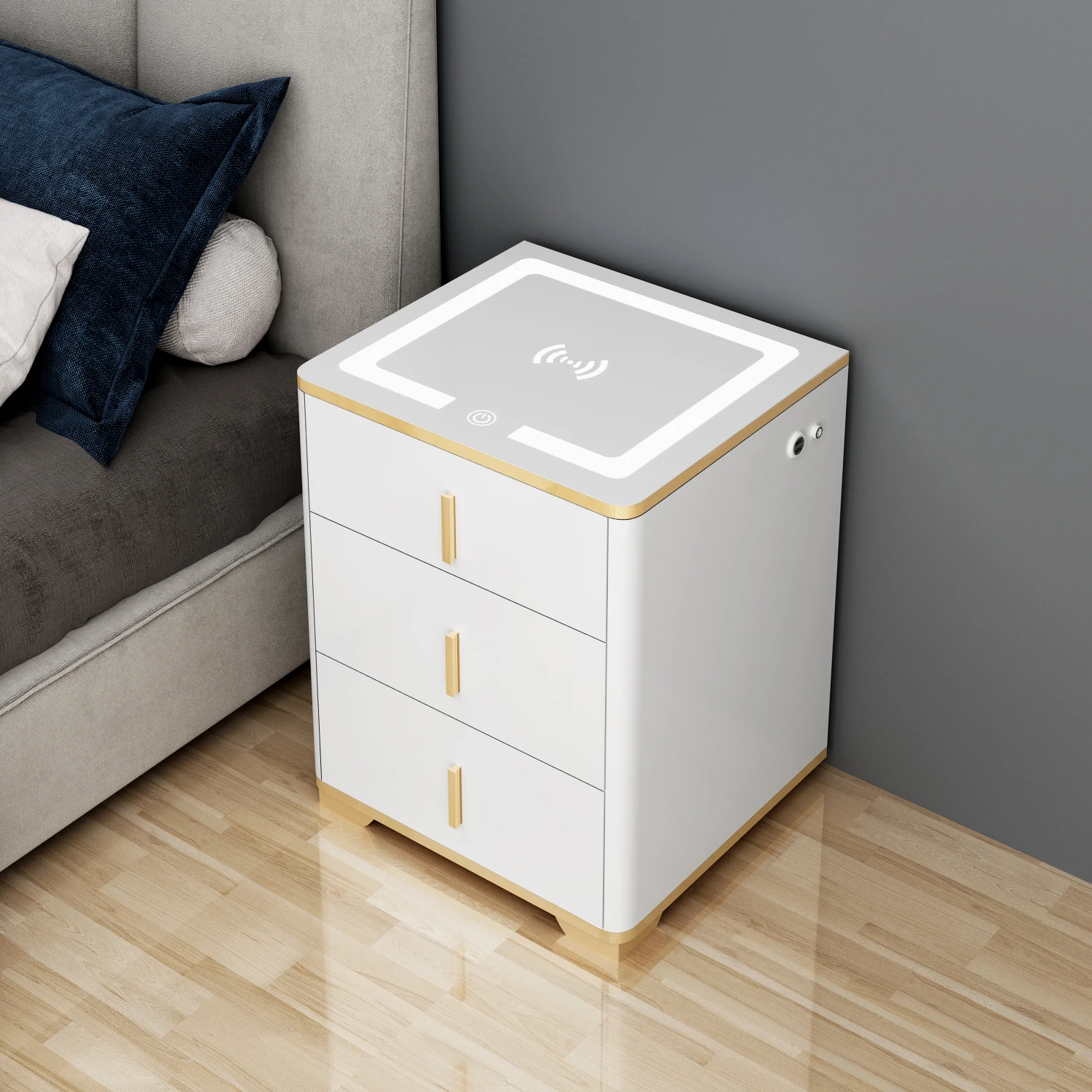 Modern Smart Bedside Cabinet Safe All-In-One Wireless Charging USB Mobile Bedroom Nightstand