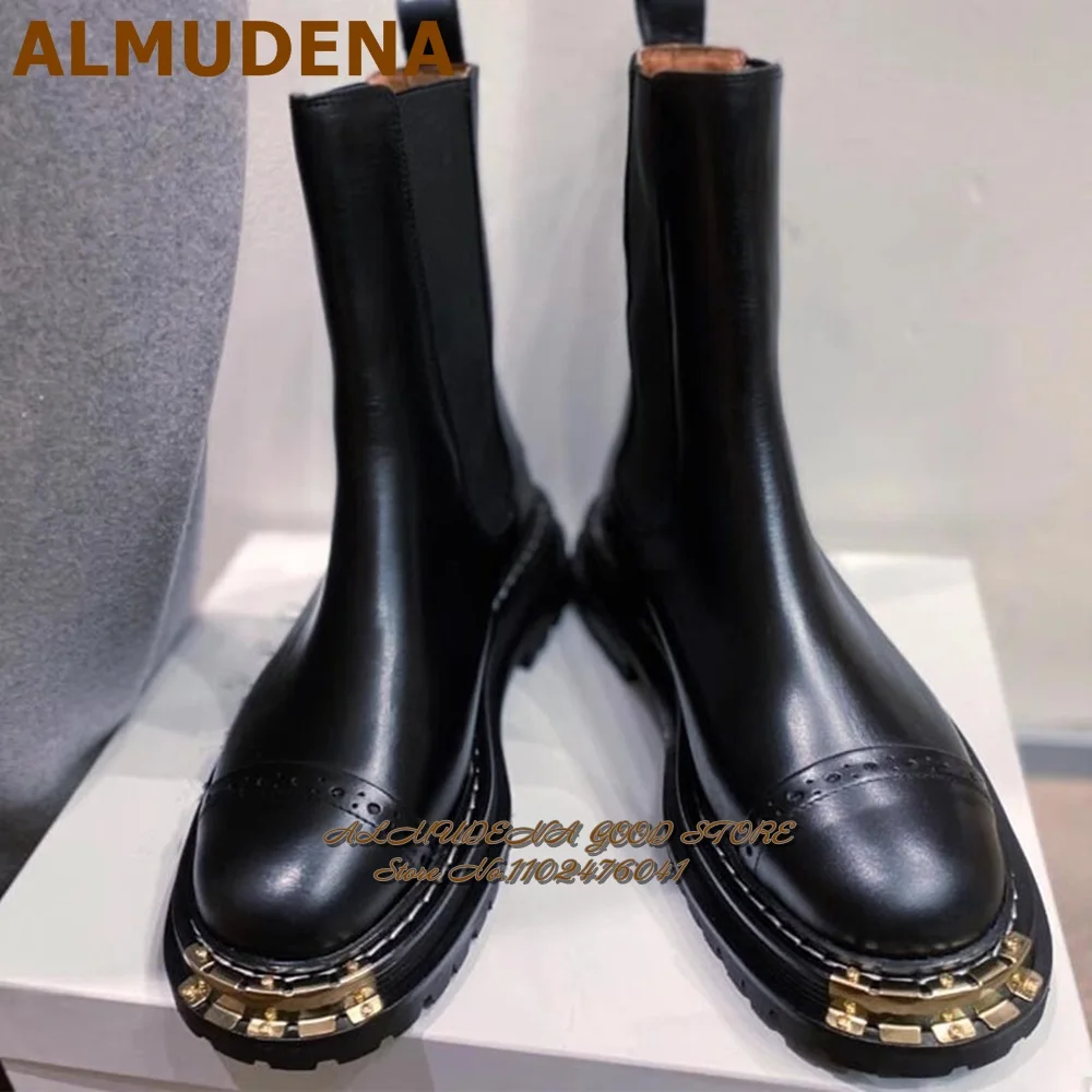 ALMUDENA Gold Teeth Shaped Steel Toe Flat Ankle Boots Black Matte Leather Metal Decorated Booties Elastic Band Patchwork Shoes