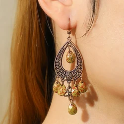 Vintage Bohemian Tassel Water Drop Earrings for Women Lady Bronze Color Hollow Dangle Earring Ethnic Female Jewelry