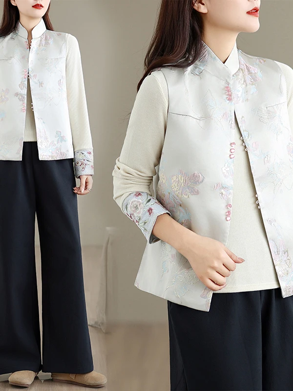 

New Chinese Sle Embroidered Vest Women's Outerwear Spring Autumn Stand Collar National Sle Set Floral Patterned Busin ...
