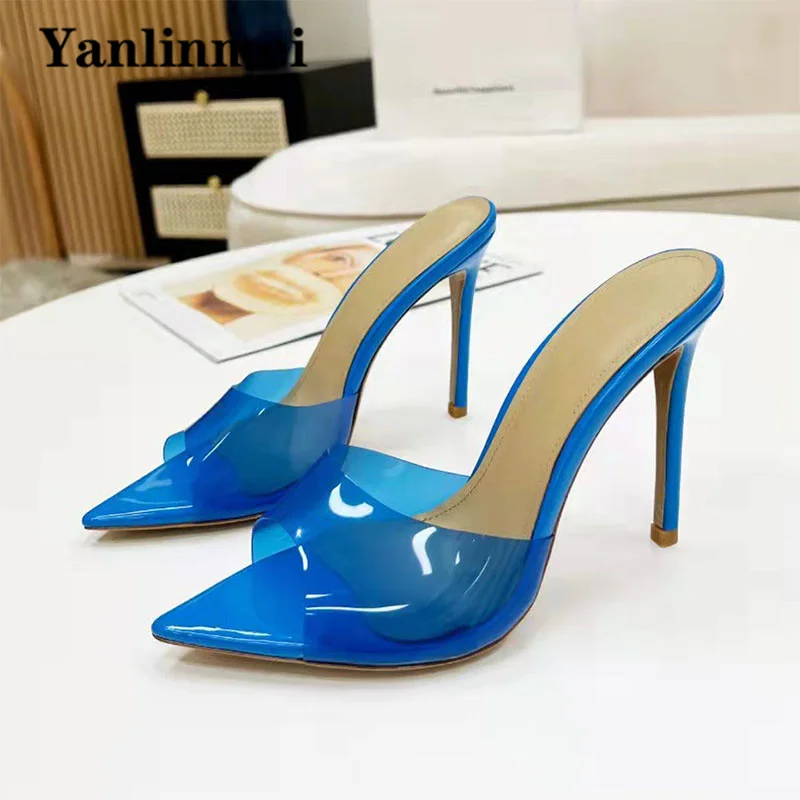 

Sexy High Heels Slippers Women Candy Color PVC Runway Shoes Pointed Peep Toe Slides Woman Summer Stiletto Sandals Woman