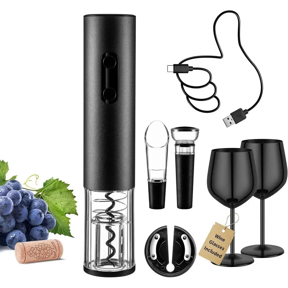 

Rechargeable Electric Wine Opener Kit, Automatic Corkscrew with 2 Black Metal Wine Glasses and Stainless Steel Goblet, Perfect G