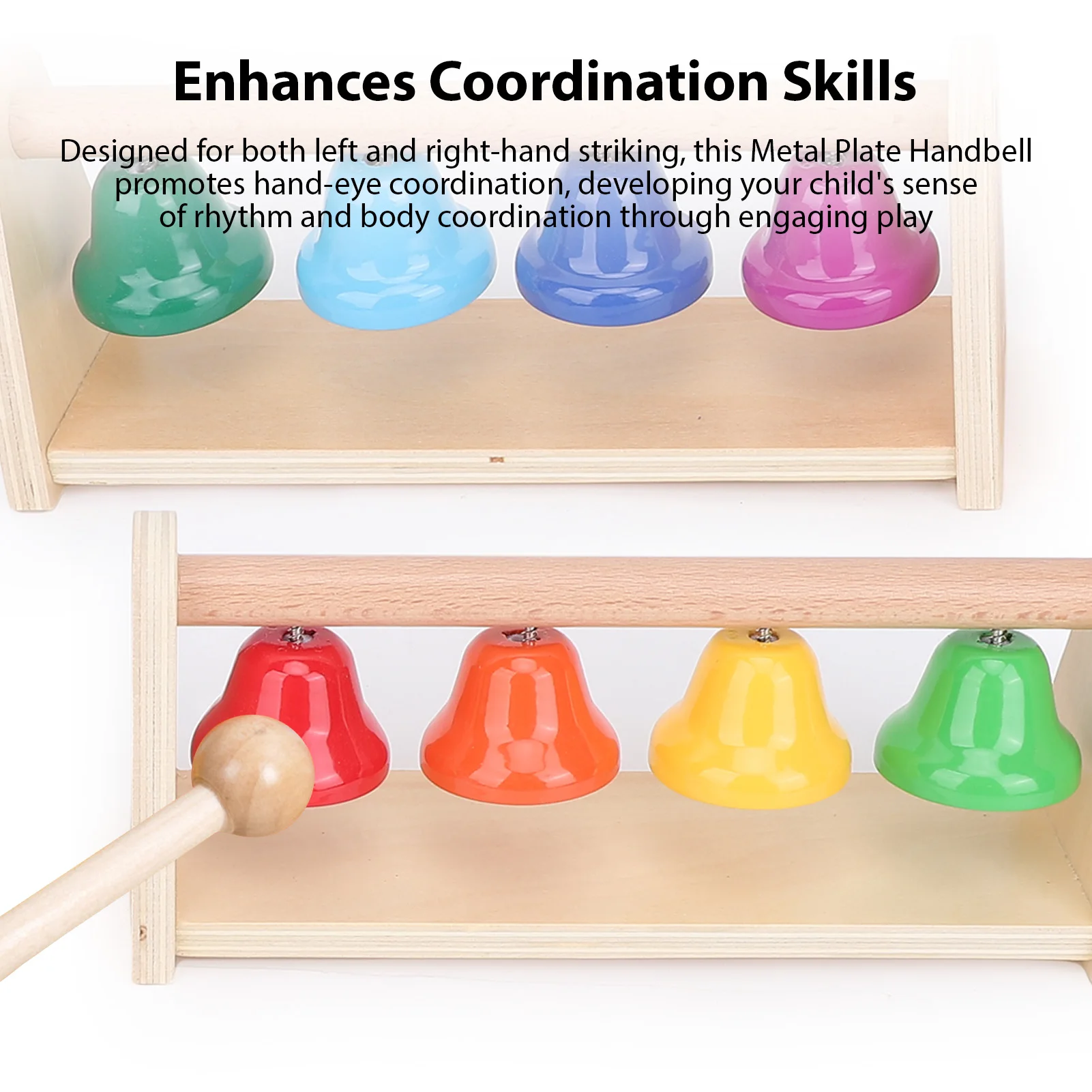 8 ملاحظات إكسيليفون موسيقية قاعدة خشبية أجراس يدوية ملونة مع 2 مطارق لتنوير الموسيقى للأطفال والتنسيق