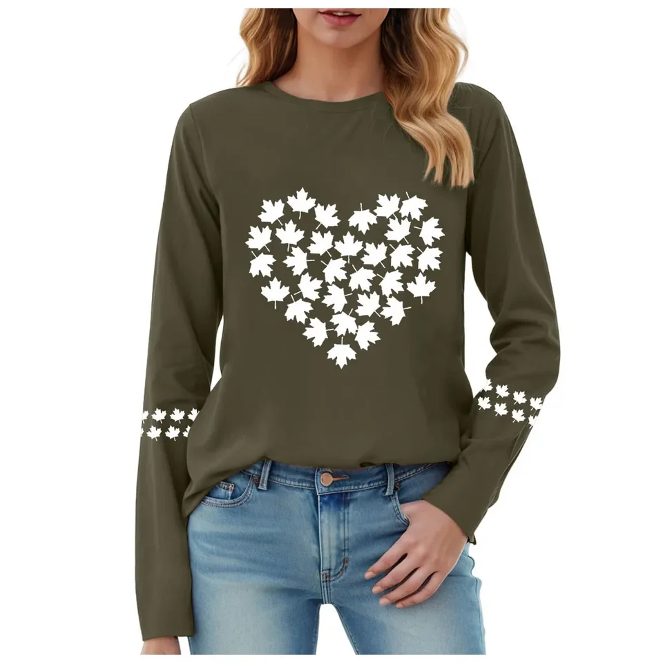 Canada Day Women T Shirt Fashion Maple Leaf Pattern Print Tops Round Neck Long Sleeve Casual Tees Shirts Women's Clothes