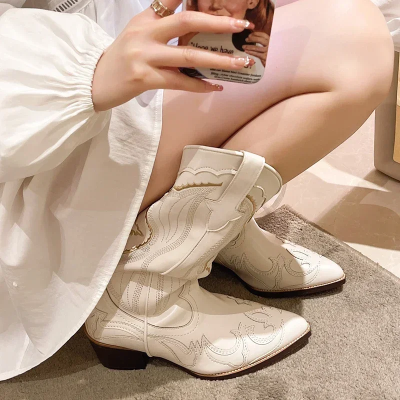 White Cowboy Boots for Women Embroidery Pointed Toe Mid Calf Botas Female Slip On Thick Heels Cowgirl Boots Woman shoes