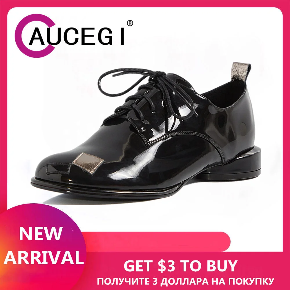 Aucegi Fashion Mixed Color Splicing Women Patent Leather Pumps Comfortable Round Toe Round Thick Heels Plus Size 34-43 Casual