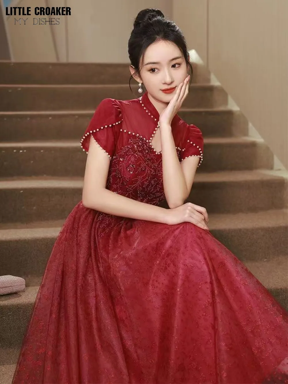 Mandarin Collar Pearls Bachelorette Party Dress Women Elegant Luxury Vintage Red Prom Dress Long