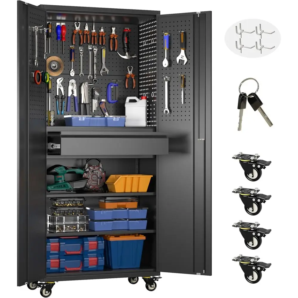 

Портативный металлический шкаф для хранения на колесах для инструментов, дома или мастерской, черный, требуется сборка