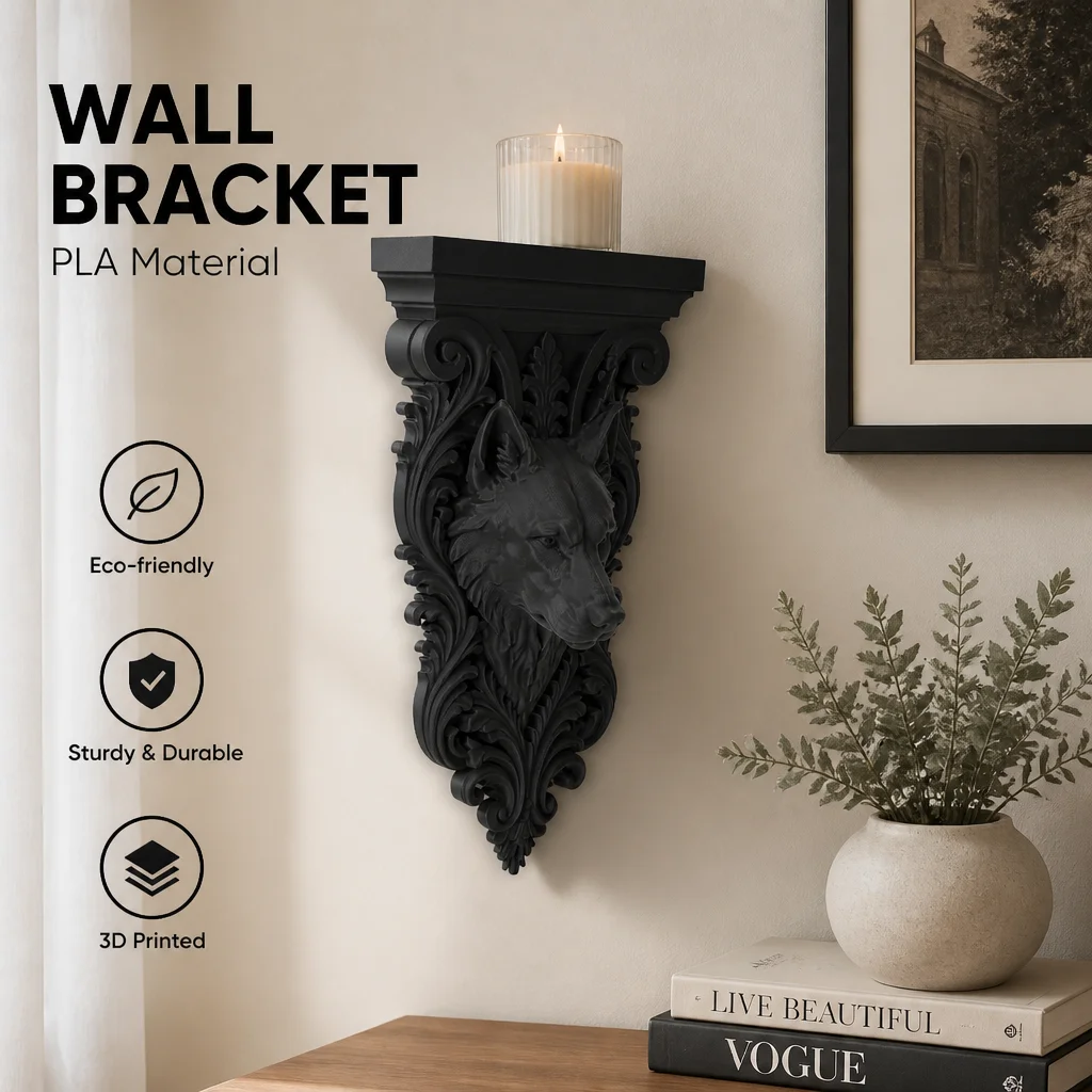 Gothic Wolf Head Wall Bracket Shelf, Black PLA Plastic Ornate Baroque Corbel for Dark Academia Vintage Home Decor