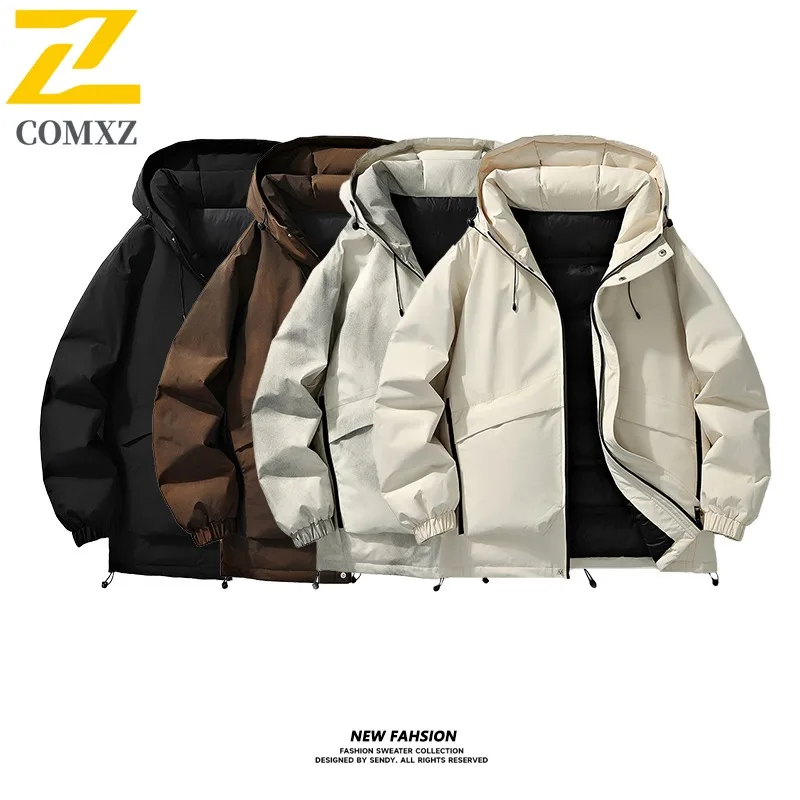 COMXZ Men Puffer Jacket Hooded Thick Warm Ski Street Loose Coldproof Travel Cotton Padded Jacket High Quality Snow Winter Jacket