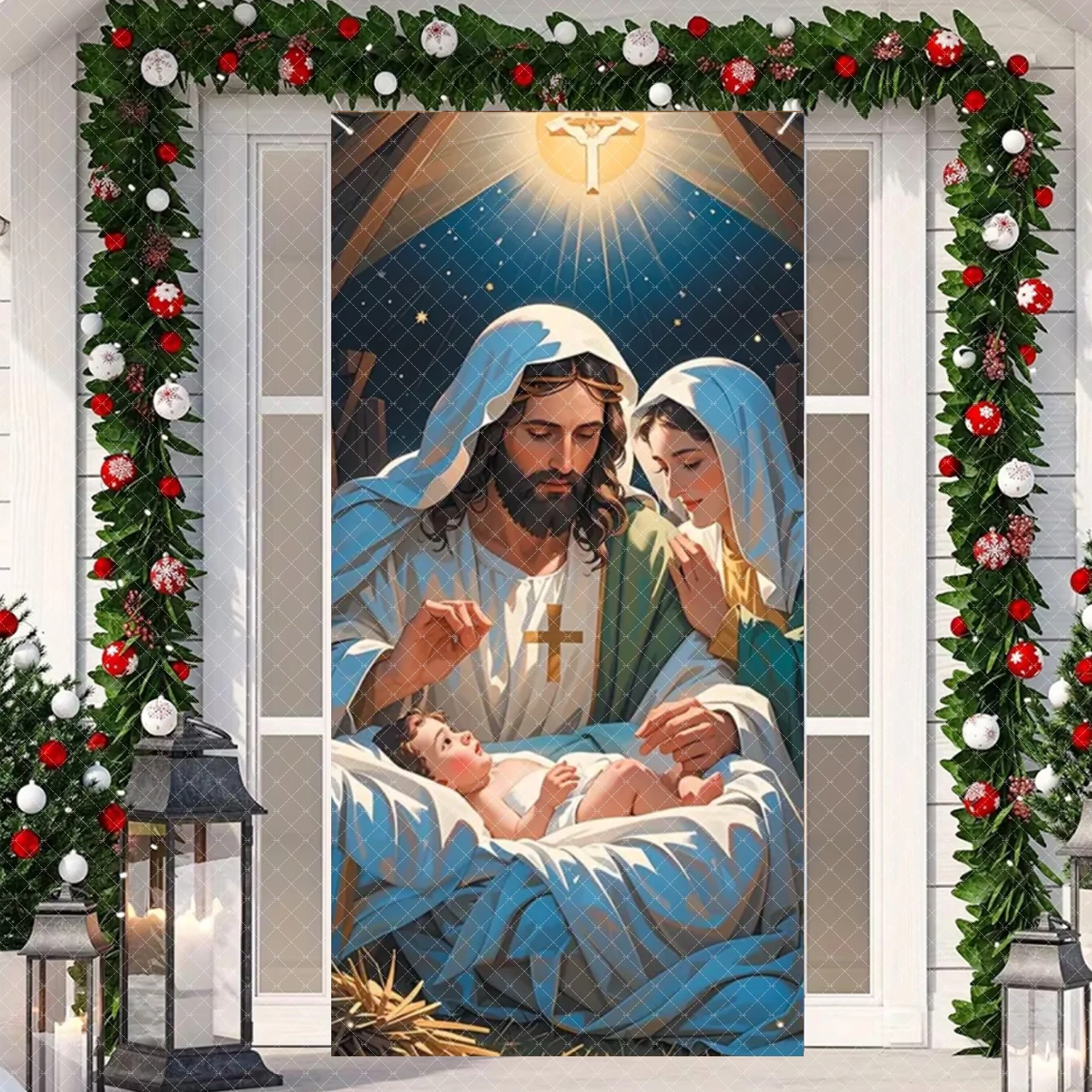 Świąteczny Noworoczny Baner na Drzwi Jasne Gwiazdy Szopka Bożonarodzeniowa Jezus Narodzony Ave Maria i Józef Święte Święto Dekoracje na Imprezę