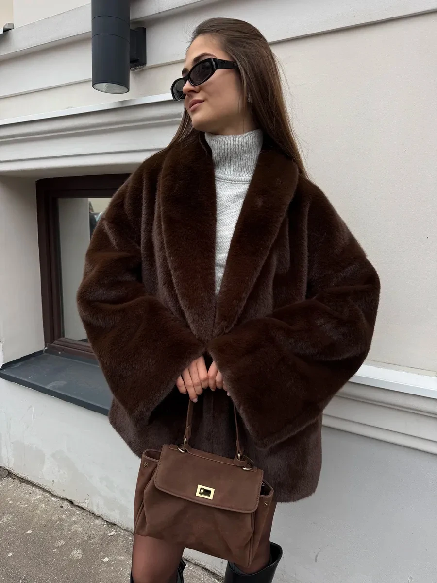 2026 Autumn Winter Women Faux Mink Fur Coat Shawl Collar Padded Lining Single Button Long Jacket Brown